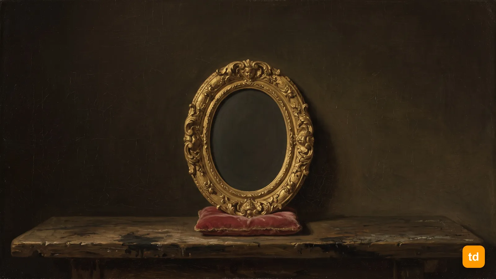 Oil painting of an ornate gilded oval frame propped on a faded red velvet cushion, the space inside it empty and dark