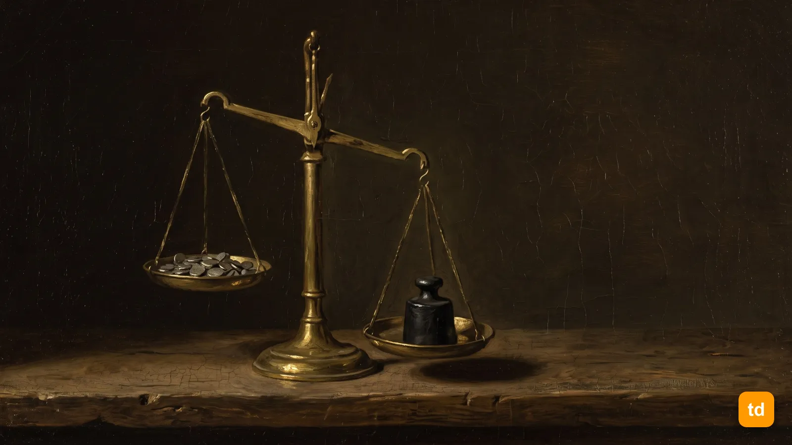 Oil painting of a brass balance scale, a heap of tiny tokens outweighed by a single heavy iron weight