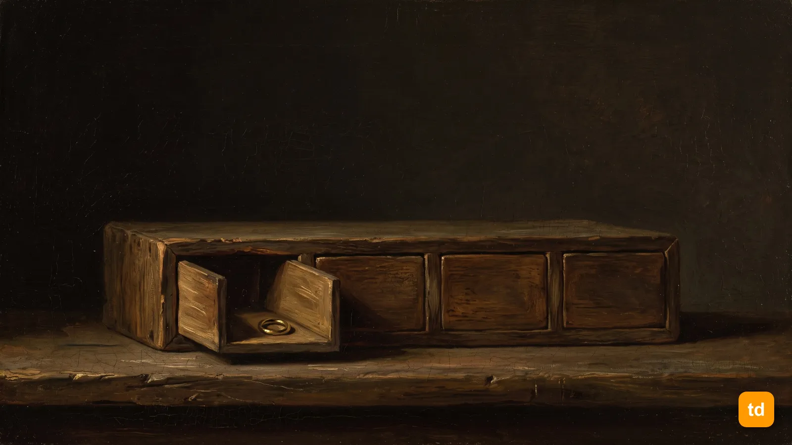 Oil painting of a cabinet of four drawers with only the first pulled open