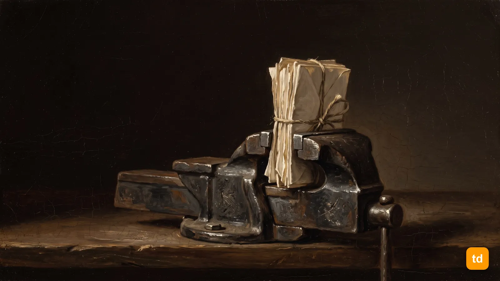 Oil painting of an iron bench vice gripping an upright bundle of letters between its jaws, firm but not crushing them