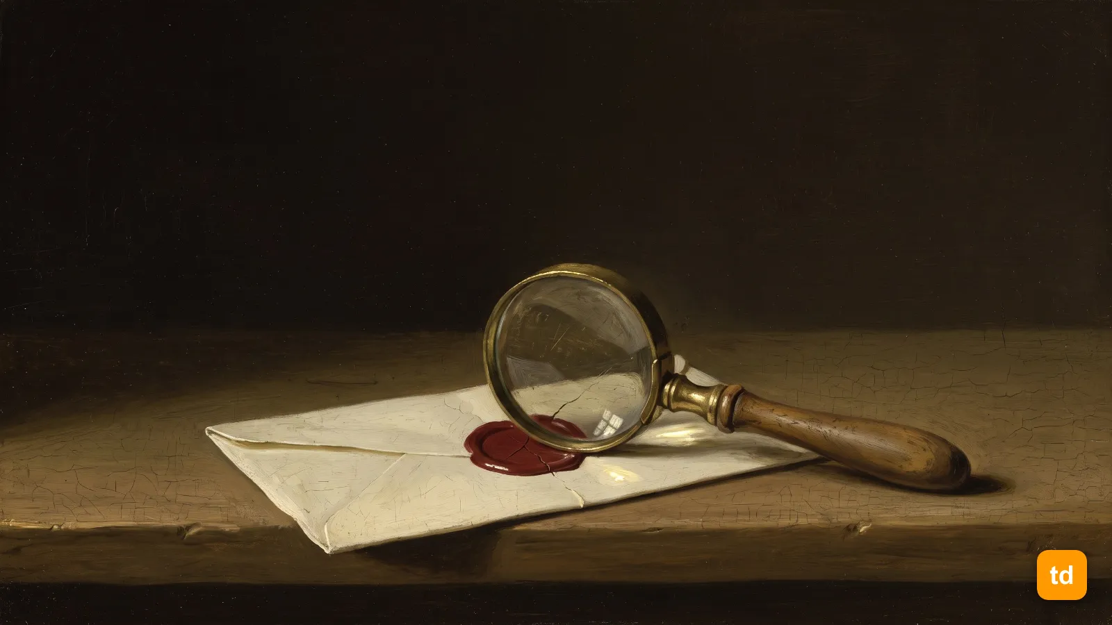 Oil painting of a brass magnifying glass resting on a sealed letter, its lens enlarging a crack in the red wax seal