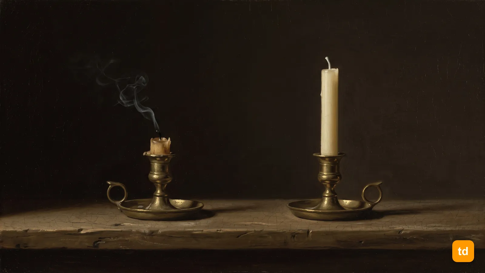 Oil painting of a candle just snuffed out, smoke rising from the wick, beside a tall new candle not yet lit