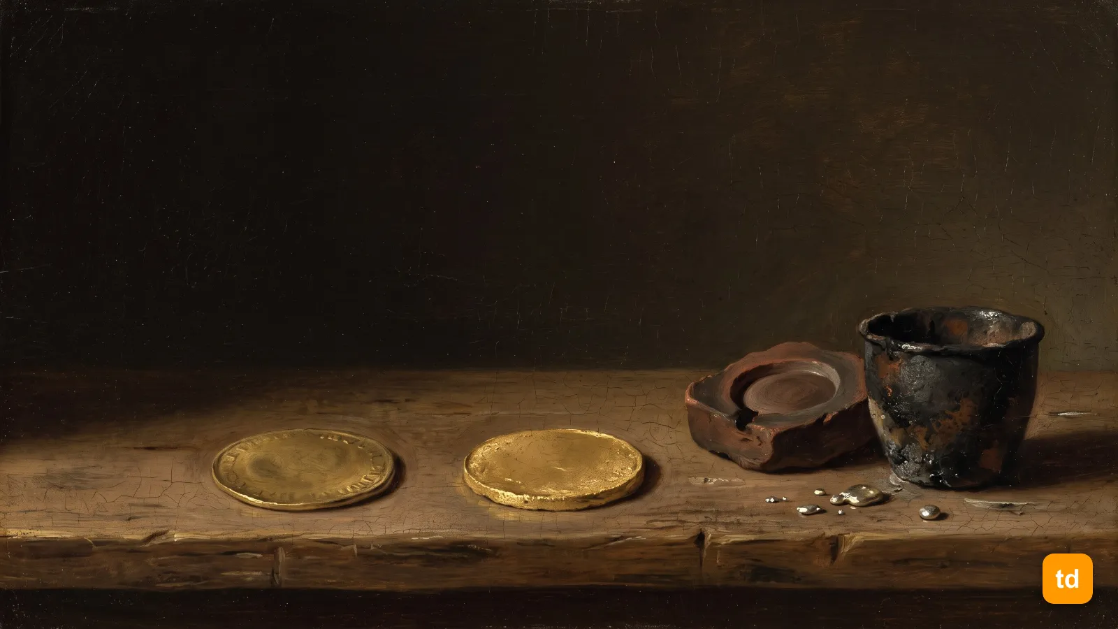 Oil painting of a worn gold coin beside a freshly cast copy, a clay mould and crucible next to it