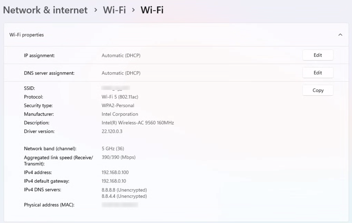 Windows 11 Wi-Fi properties with DNS server assignment set to Automatic (DHCP) and the IPv4 DNS servers listed as 8.8.8.8 and 8.8.4.4, each labelled Unencrypted