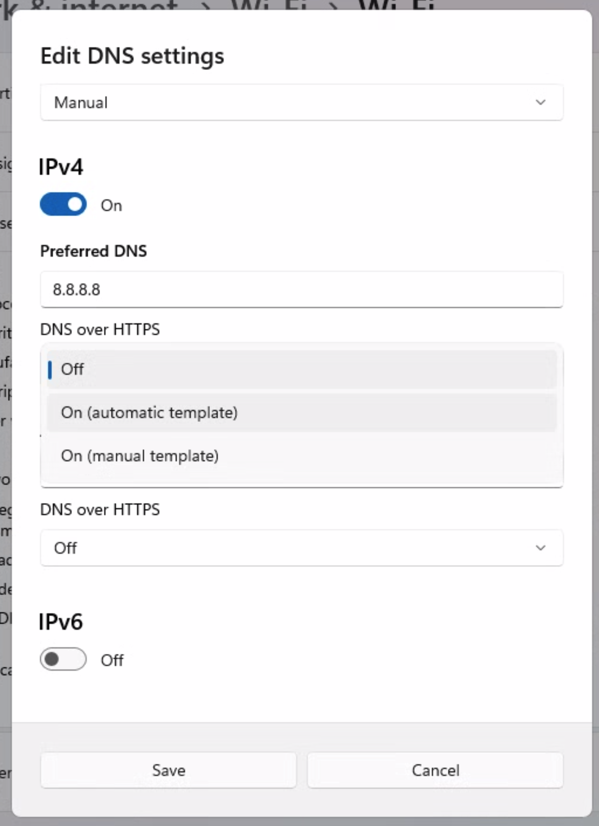The DNS over HTTPS dropdown in Windows 11 expanded, showing three options: Off, On (automatic template), and On (manual template)