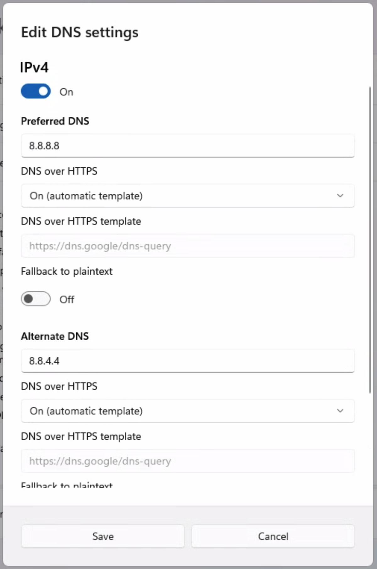 Windows 11 Edit DNS settings with Preferred DNS 8.8.8.8, DNS over HTTPS set to On (automatic template), template dns.google, and the Fallback to plaintext toggle switched Off