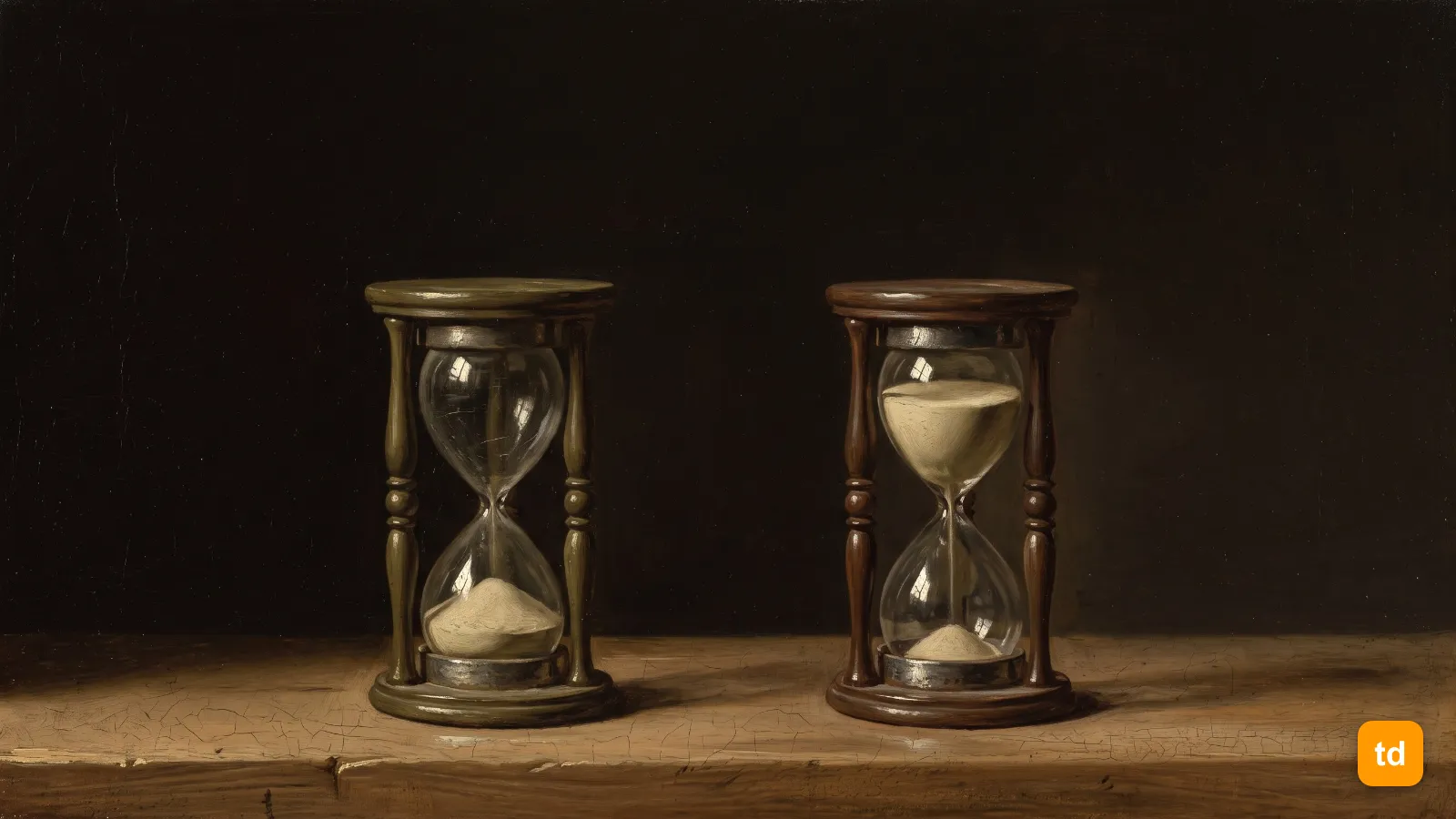 Oil painting of two hourglasses on a workbench, one run out and one just turned over