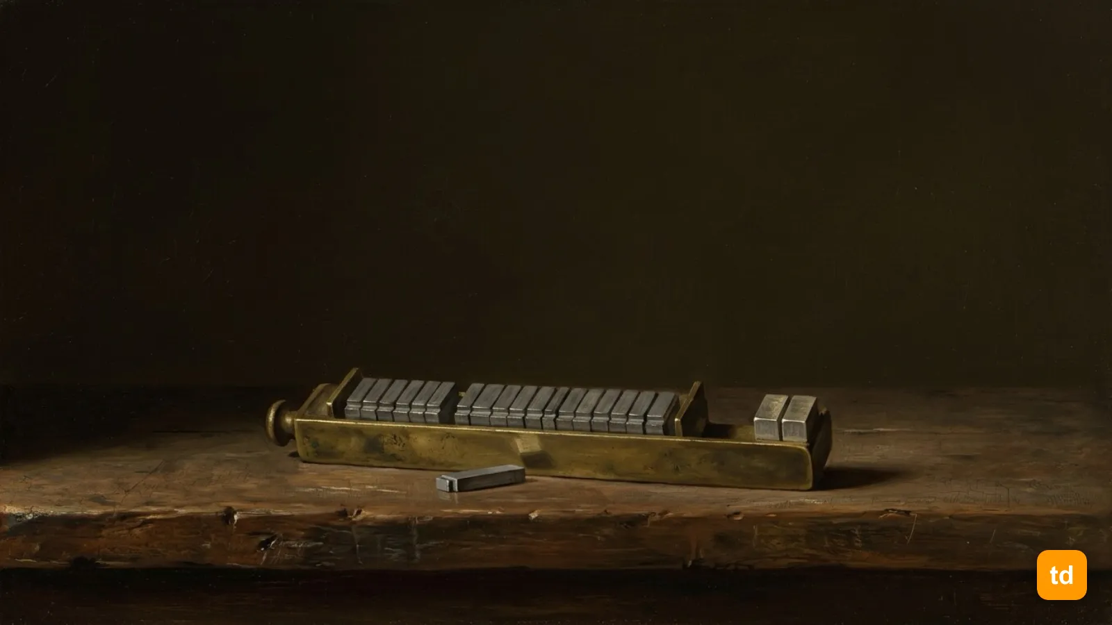 Oil painting of a brass composing stick of metal type on a wooden bench, two blocks set apart and one lying loose