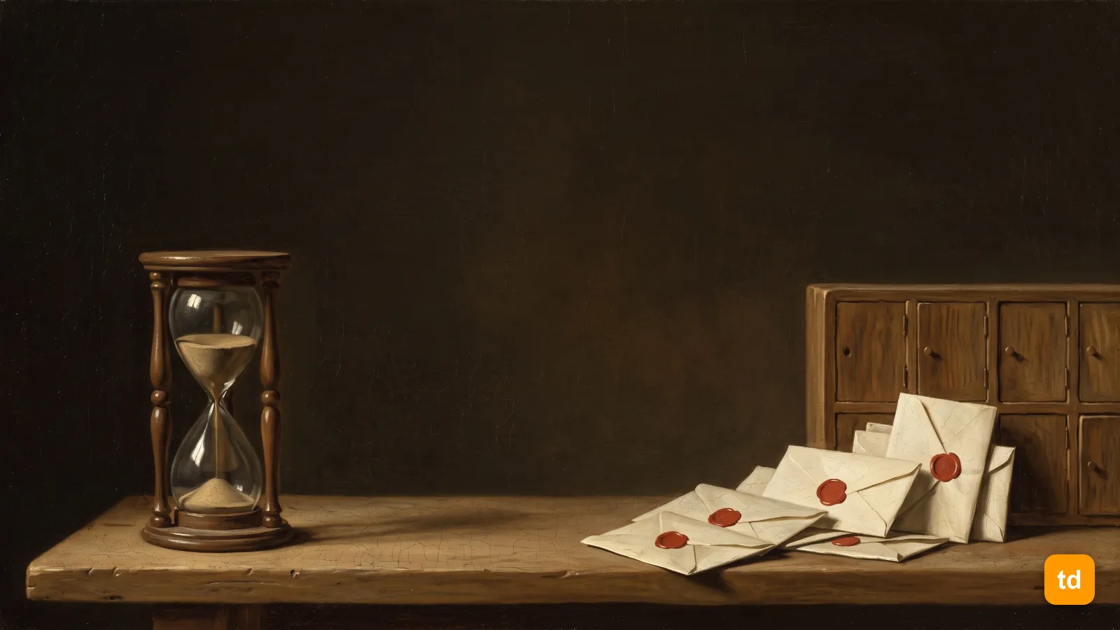 Oil painting of an hourglass with sand still running, beside a heap of sealed letters against a closed wooden pigeonhole cabinet
