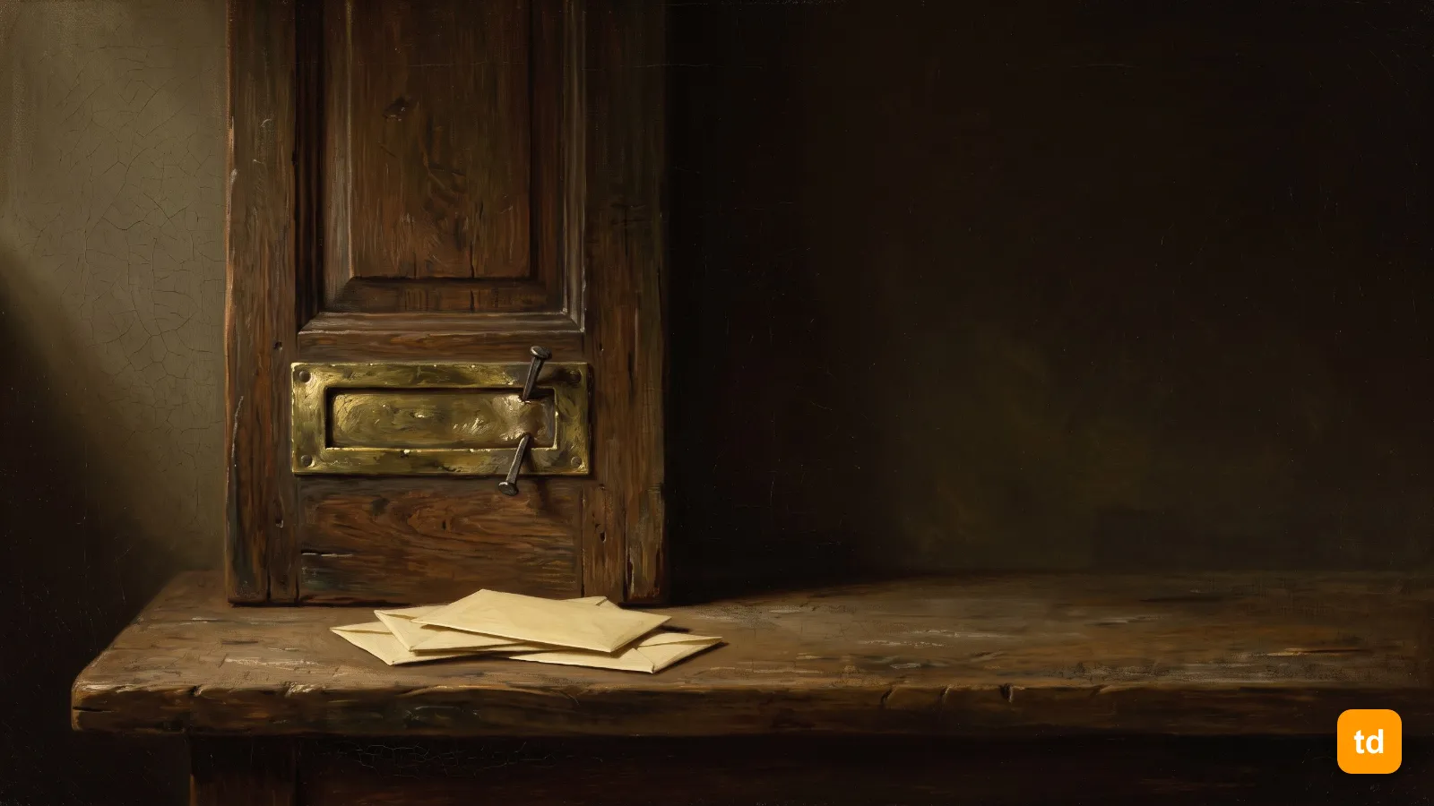 Oil painting of a brass letterbox flap nailed shut in an oak door, undelivered envelopes piled below it