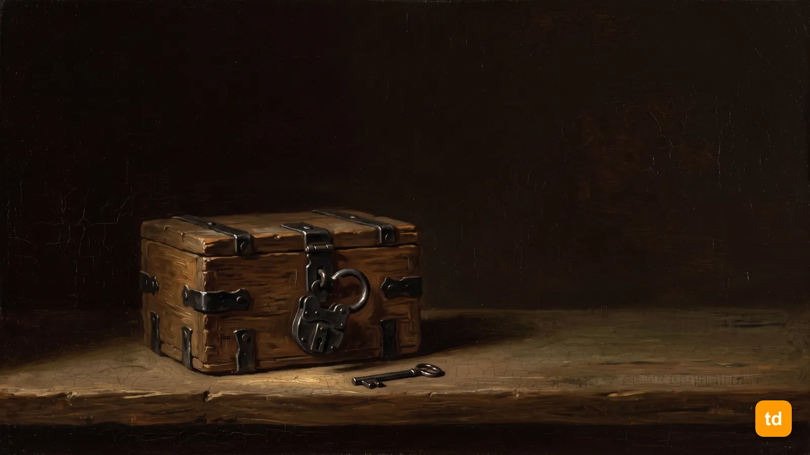 Oil painting of an iron-bound strongbox with a heavy padlock hanging open on its hasp and the key lying beside it