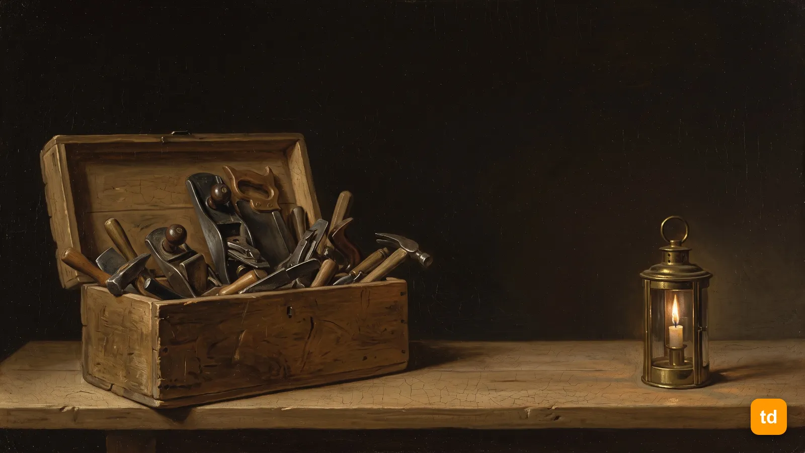 Oil painting of a crowded open carpenter's toolbox beside a single small lit brass lantern