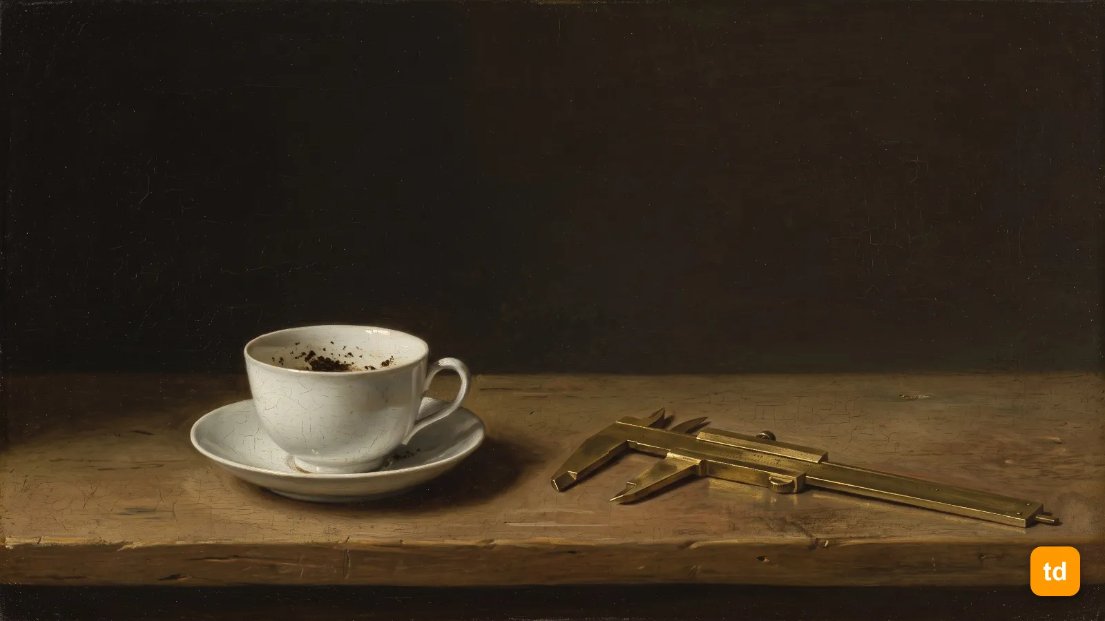 Oil painting of a porcelain teacup with tea-leaf dregs beside a polished brass calliper