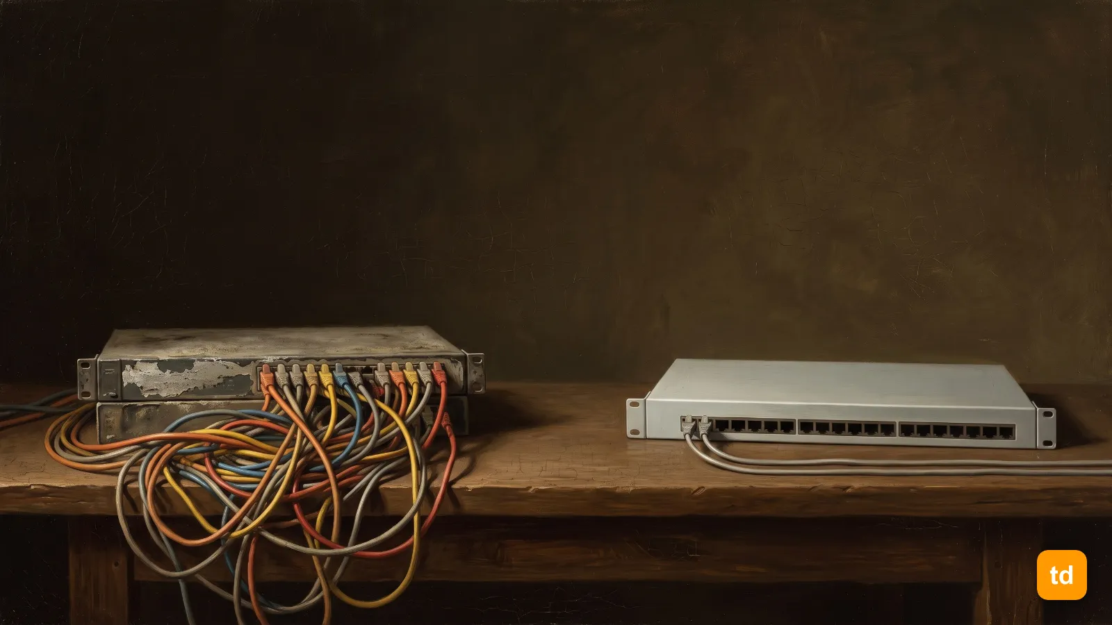 Oil painting of a worn network switch buried in tangled patch cables on a workbench, beside a clean new switch with only two neat cables plugged in