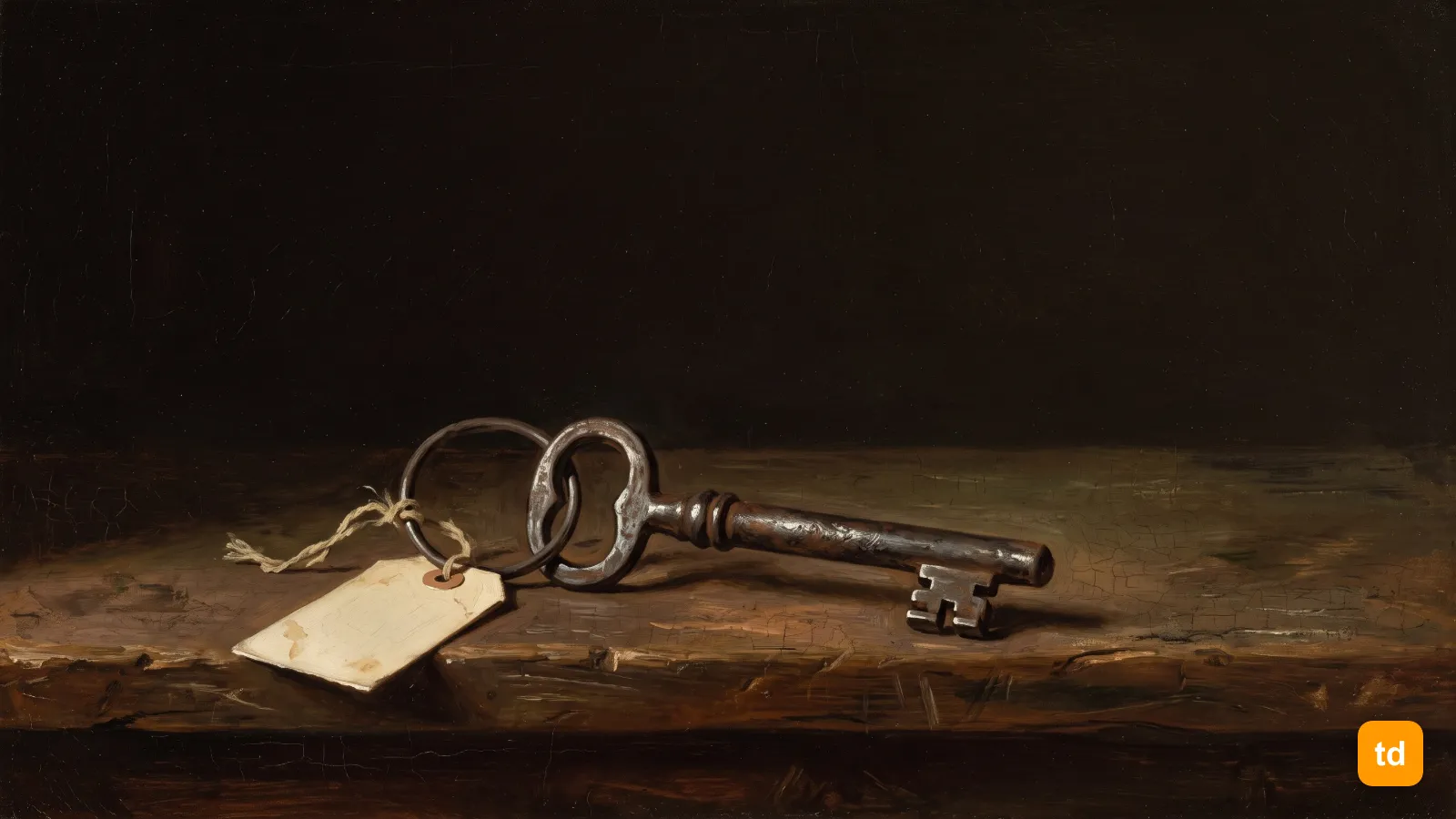 Oil painting of a worn second-hand iron key with a stained blank card tag tied to its ring
