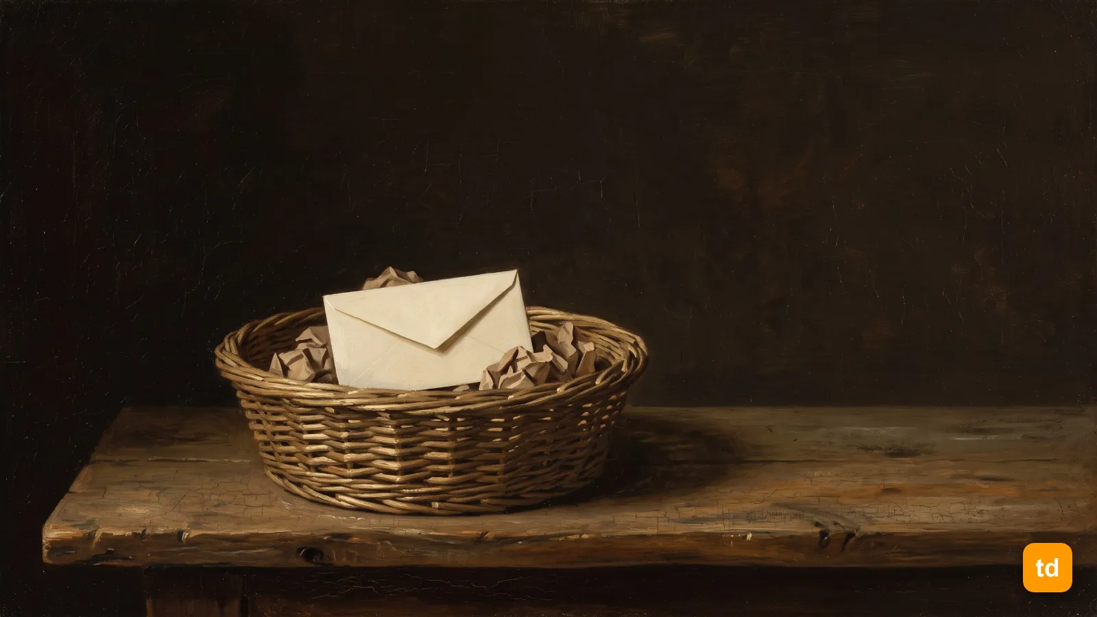 Oil painting of a pristine unopened envelope lying in a wicker wastepaper basket among crumpled paper