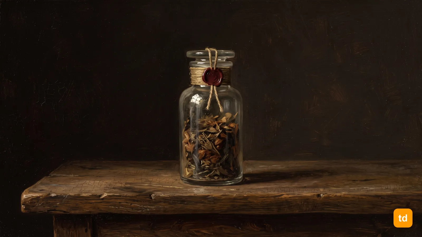 Oil painting of a clear glass apothecary jar on a workbench, its contents visible and its stopper sealed with unbroken red wax