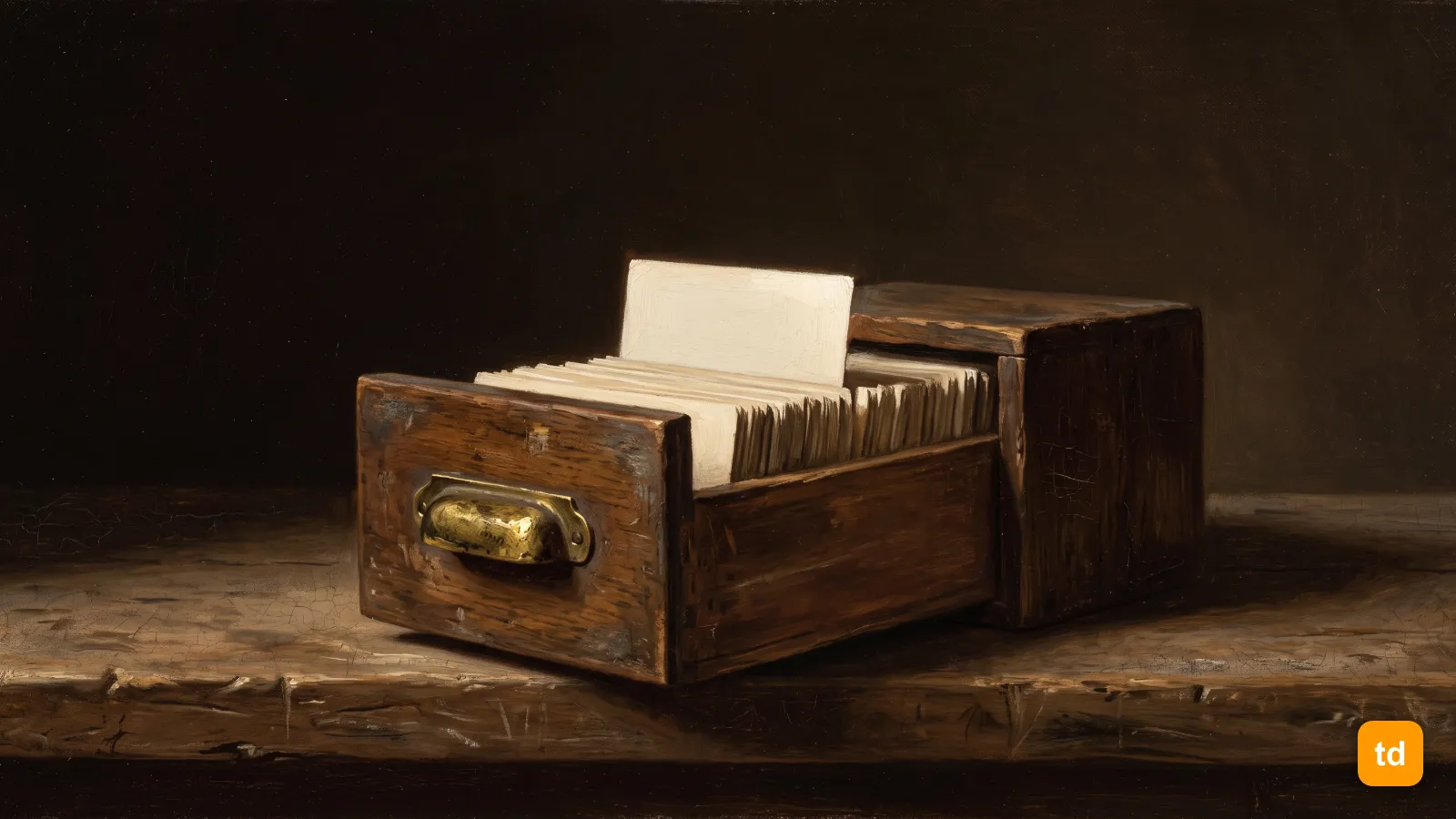 Oil painting of a worn wooden card-index drawer pulled open on a workbench, one blank cream card raised above the rest